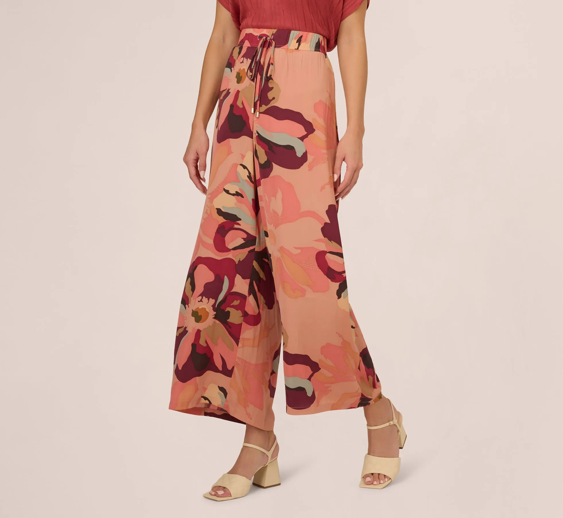 Tropical Floral Print Wide Leg Pants With Drawstring Waist In Deepburgundylargesunsetfloral