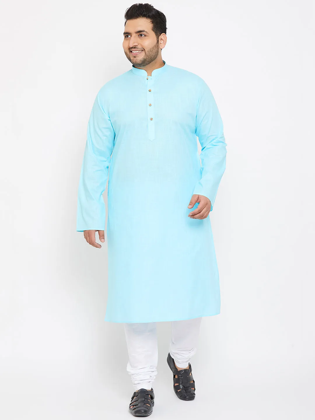 VASTRAMAY Men's Plus Size Aqua Blue Cotton Kurta And Pyjama Set