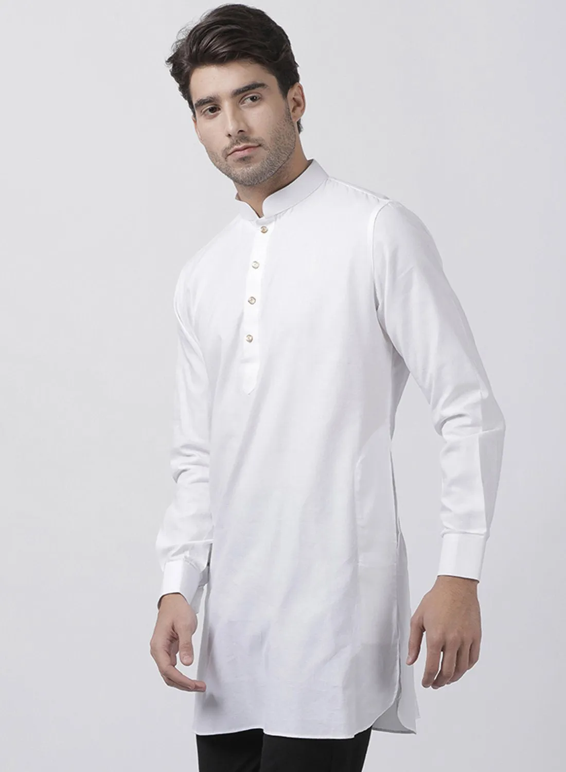 VASTRAMAY Men's White Cotton Linen Blend Kurta