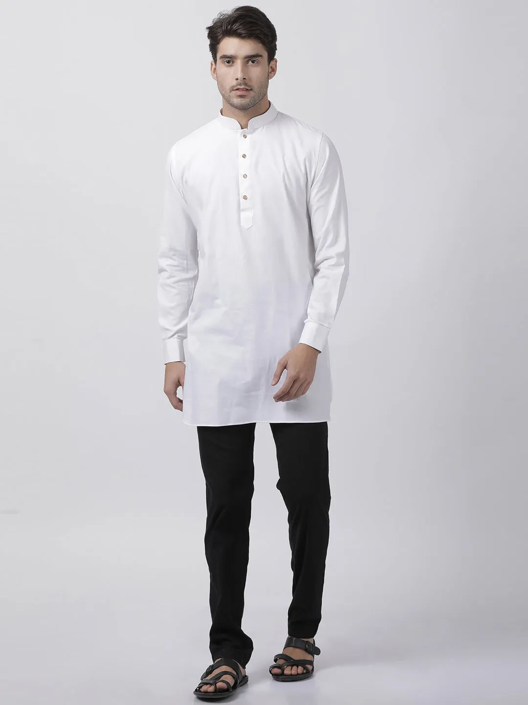 VASTRAMAY Men's White Cotton Linen Blend Kurta