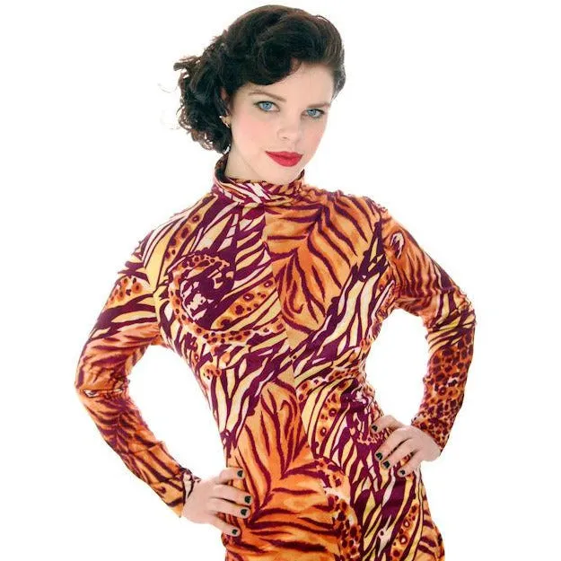 Vintage Body Suit 1970s  Animal Print Polyester Long Sleeves Zip Front Periphery 14