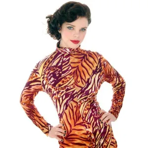 Vintage Body Suit 1970s  Animal Print Polyester Long Sleeves Zip Front Periphery 14