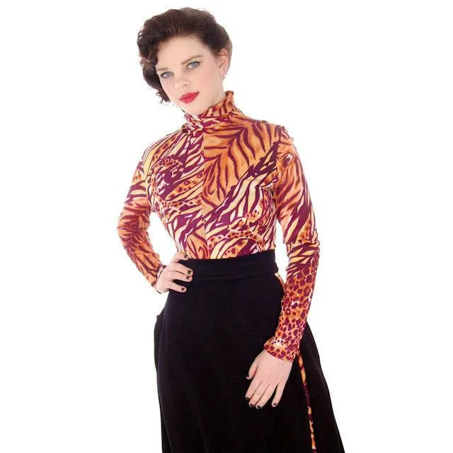 Vintage Body Suit 1970s  Animal Print Polyester Long Sleeves Zip Front Periphery 14