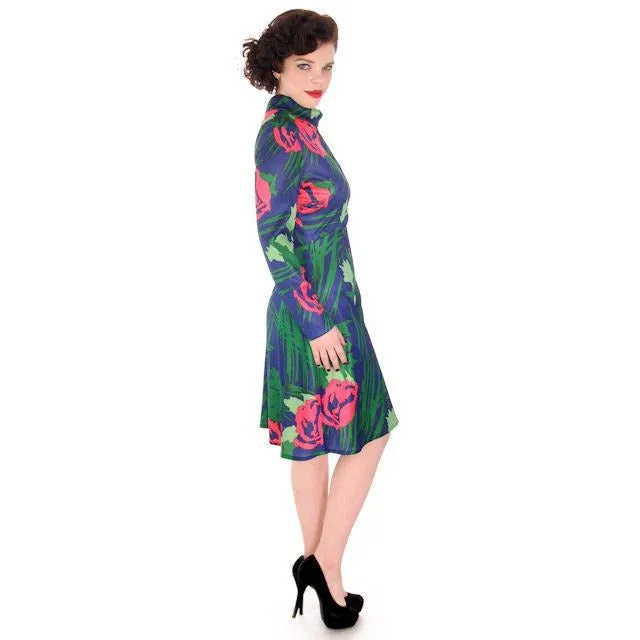 Vintage Dress A Line Dress Emilio Borghese Polyester Blues 1970s Medium