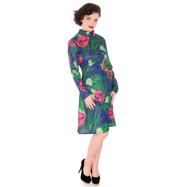 Vintage Dress A Line Dress Emilio Borghese Polyester Blues 1970s Medium