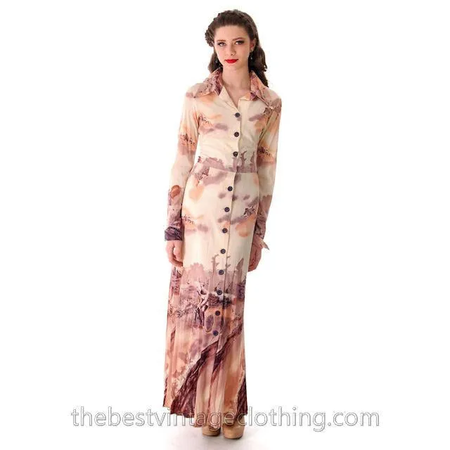 Vintage Landscape Bicycle Print Maxi Gown 1970s Small