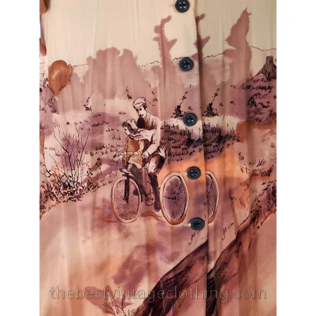 Vintage Landscape Bicycle Print Maxi Gown 1970s Small