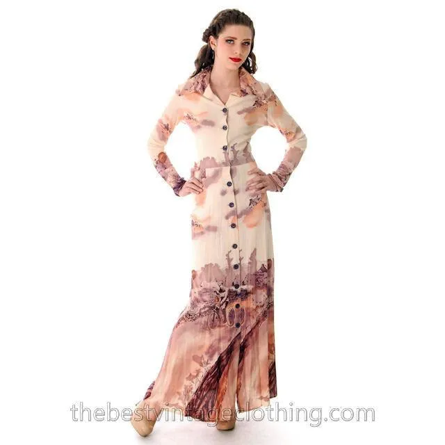 Vintage Landscape Bicycle Print Maxi Gown 1970s Small
