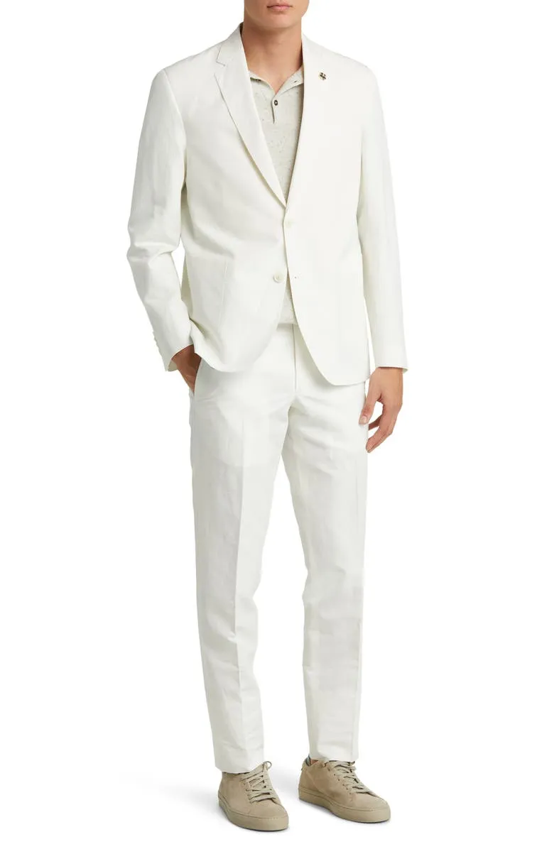 White 2 Piece Casual Double Button Linen Men's Suit (Blazer Pants)