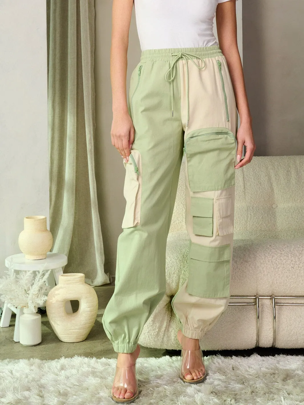 WOMEN'S ELASTIC WAIST POCKETS COLORBLOCK JOGGER PANTS