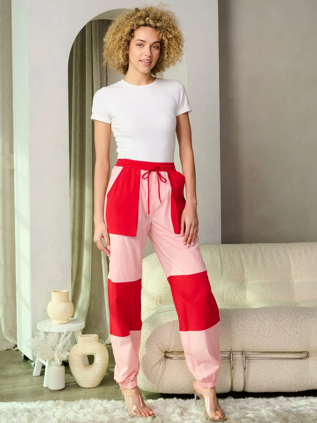 WOMEN'S ELASTIC WAIST POCKETS COLORBLOCK JOGGER PANTS