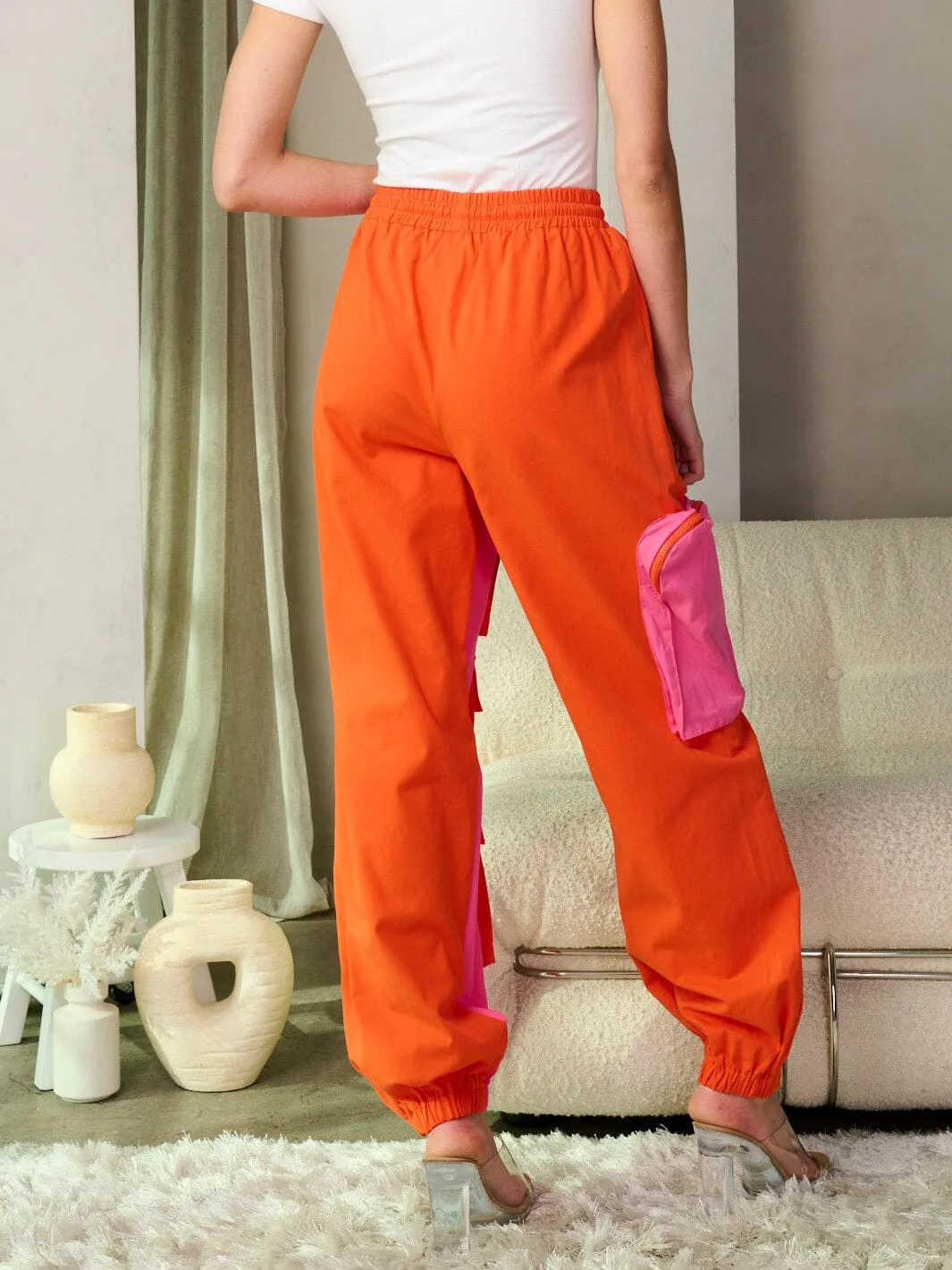 WOMEN'S ELASTIC WAIST POCKETS COLORBLOCK JOGGER PANTS