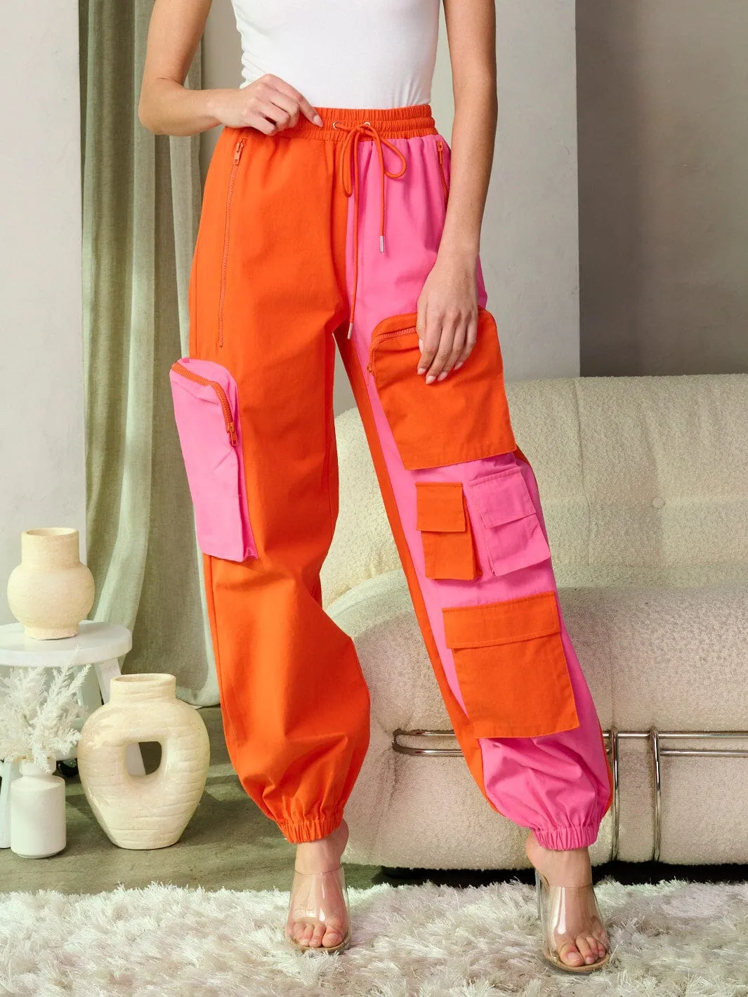 WOMEN'S ELASTIC WAIST POCKETS COLORBLOCK JOGGER PANTS