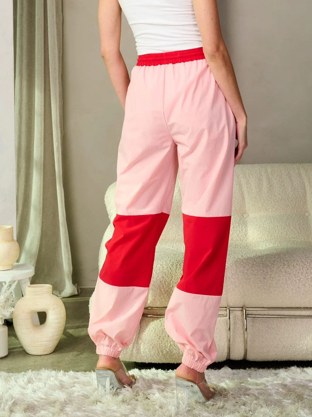 WOMEN'S ELASTIC WAIST POCKETS COLORBLOCK JOGGER PANTS