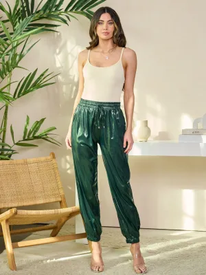 WOMEN'S STRETCH WAISTBAND POCKETS SHIMMER JOGGER LEGS PANTS