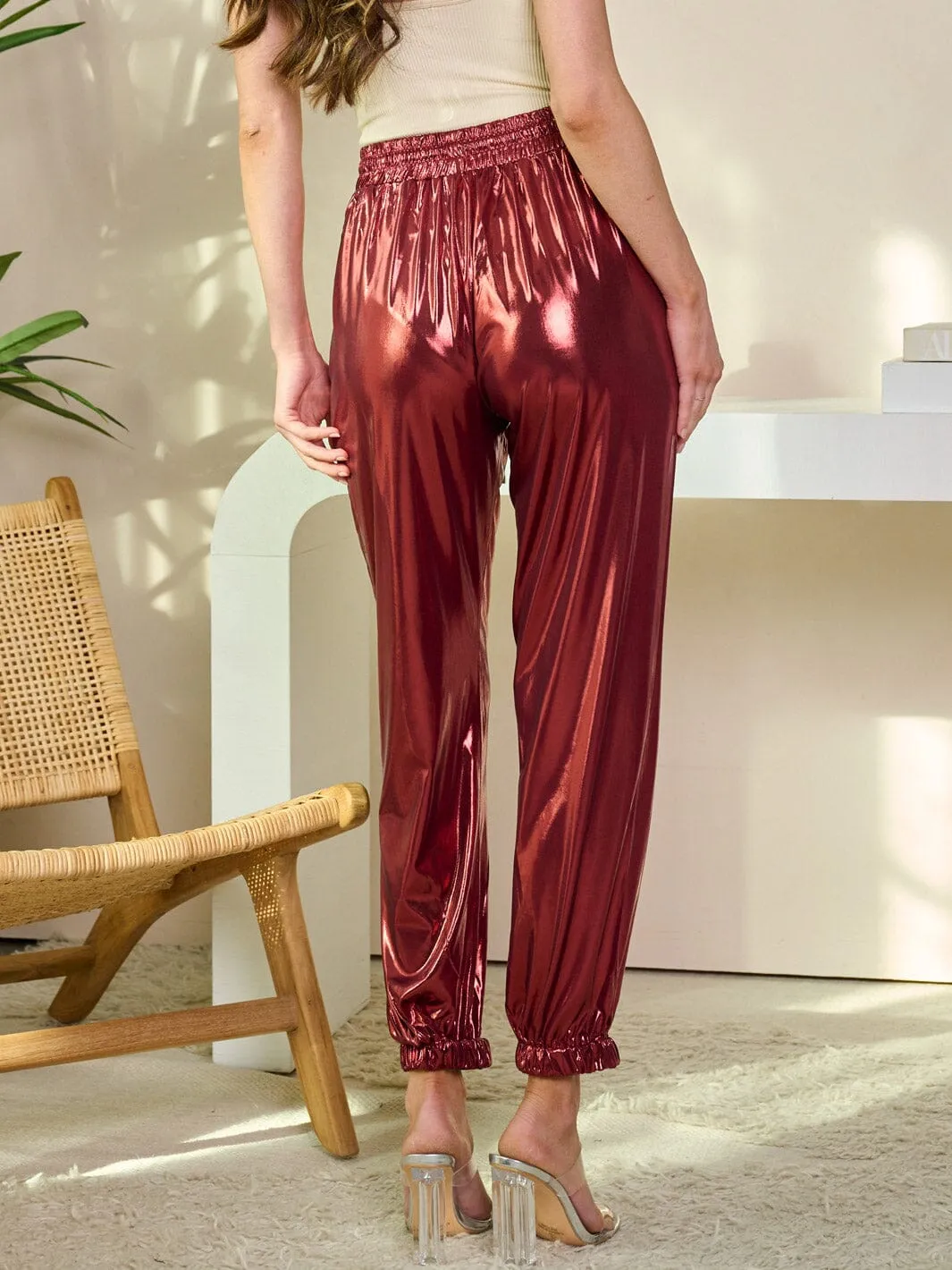 WOMEN'S STRETCH WAISTBAND POCKETS SHIMMER JOGGER LEGS PANTS