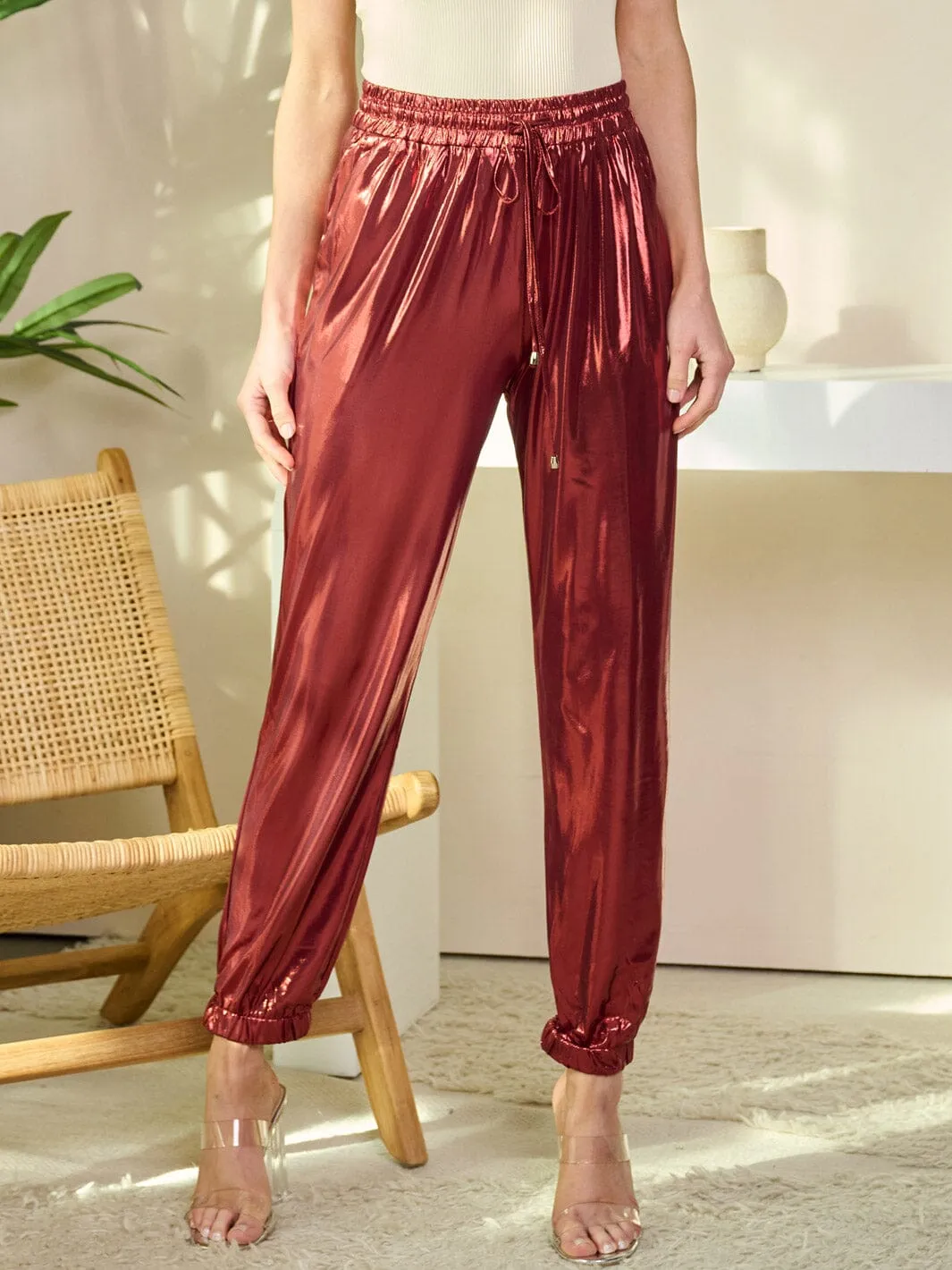 WOMEN'S STRETCH WAISTBAND POCKETS SHIMMER JOGGER LEGS PANTS